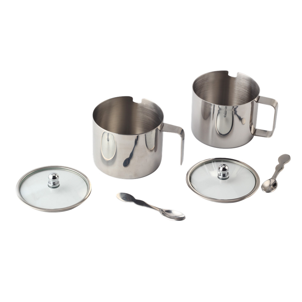Stainless Steel Sugar Bowl Spice Pot Glass With Lid Spoon Kitchen Home — product information