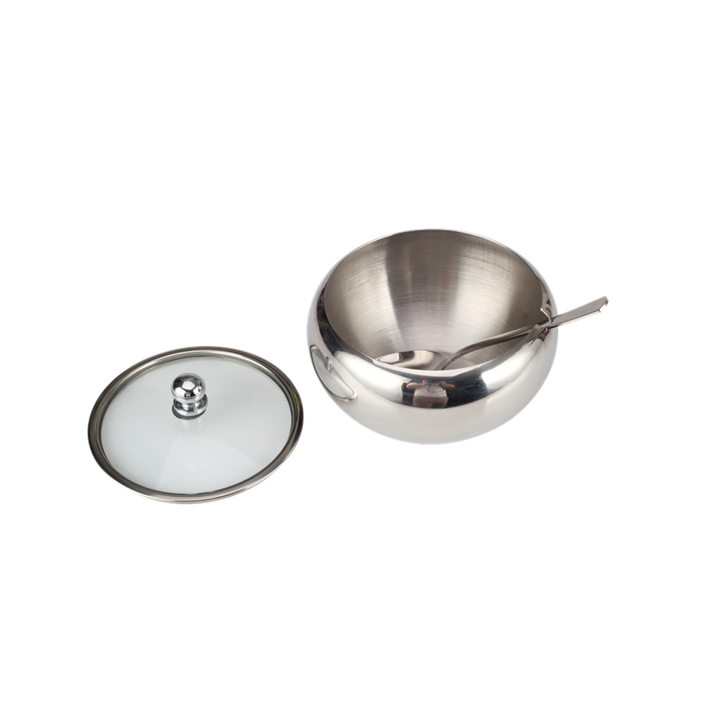 Stainless Steel Sugar Bowl, Sugar Container With Transparent Glass Lid And Spoon — product information
