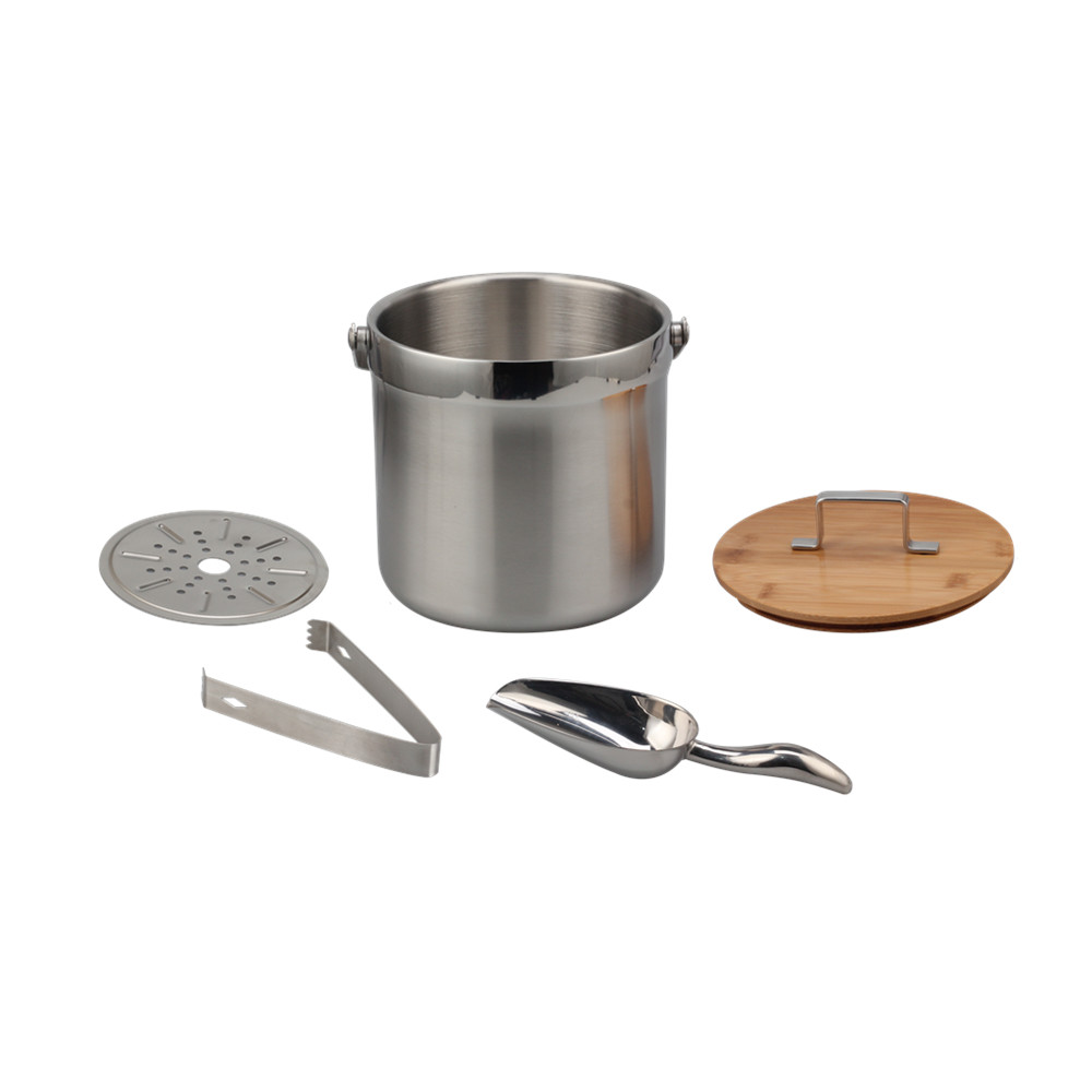 Bamboo Lid, Ice Bucket, Stainless Steel Ice Bucket, Double Walled — 2