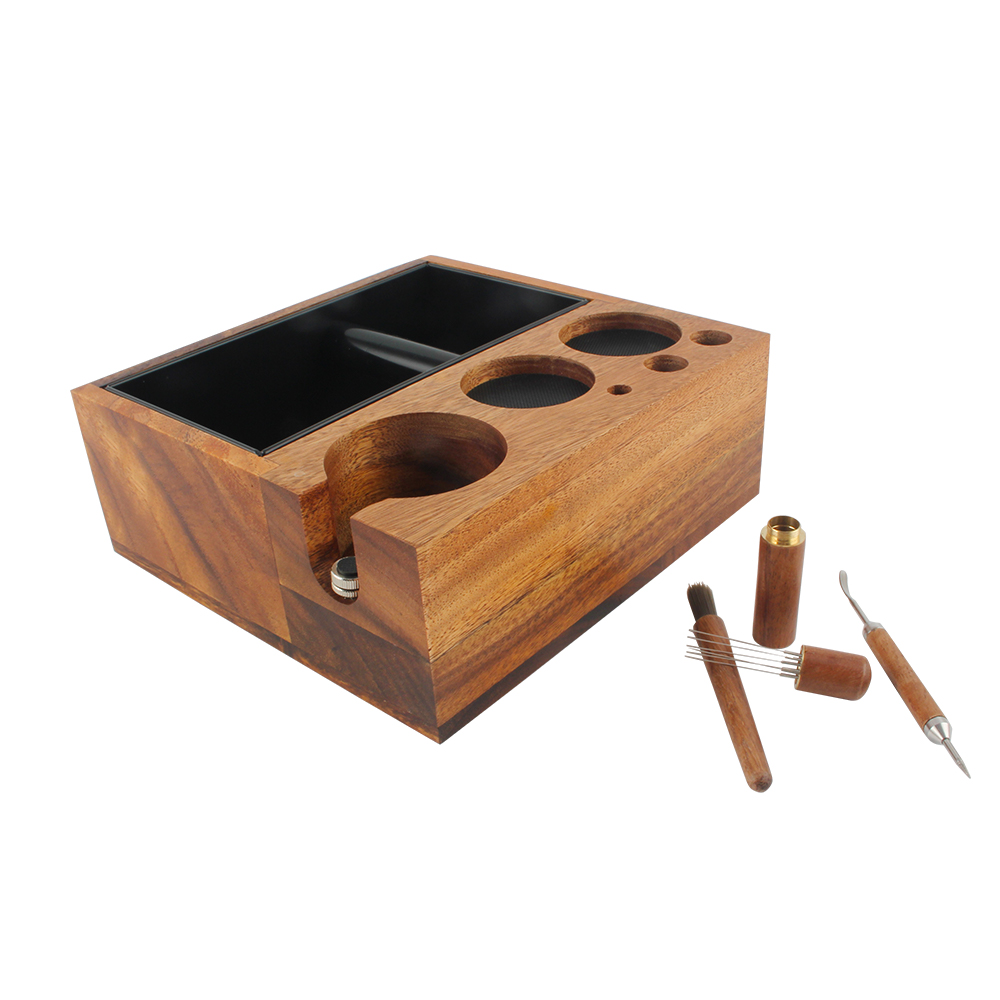 Large Espresso Knock Box And Tamping Station, Solid Wood Espresso Accessories Organizer Box