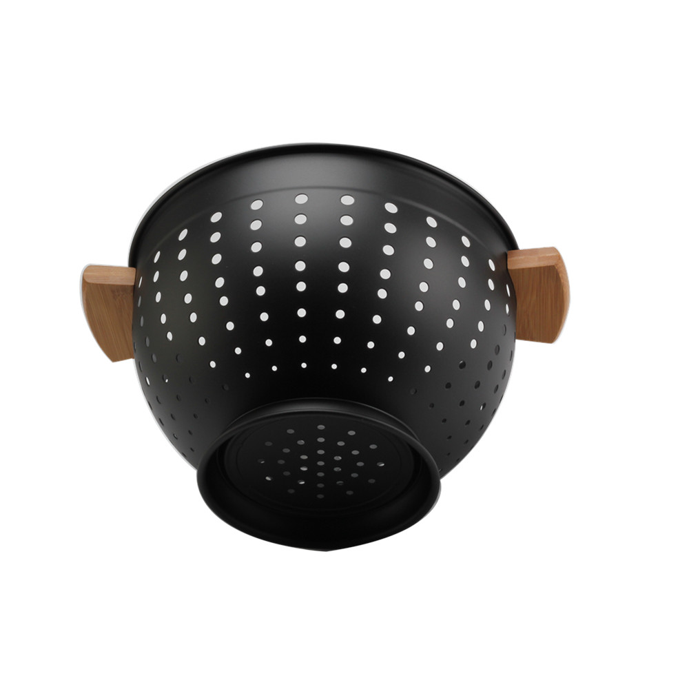 Metal Colander With Wood Handle, Black Deep Metal Strainers Colander — 4