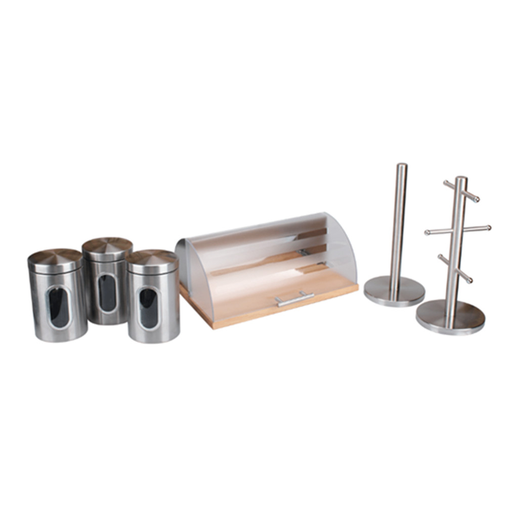 Bread Box Set-Roll Up Cover Bread Storage Container with Cup Holder and Canisters — 5