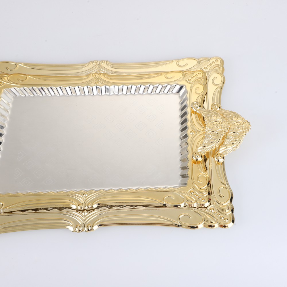Rectangular Plated Serving Tray, Iron Gold Floral Engraved Decorative Birthday — product information