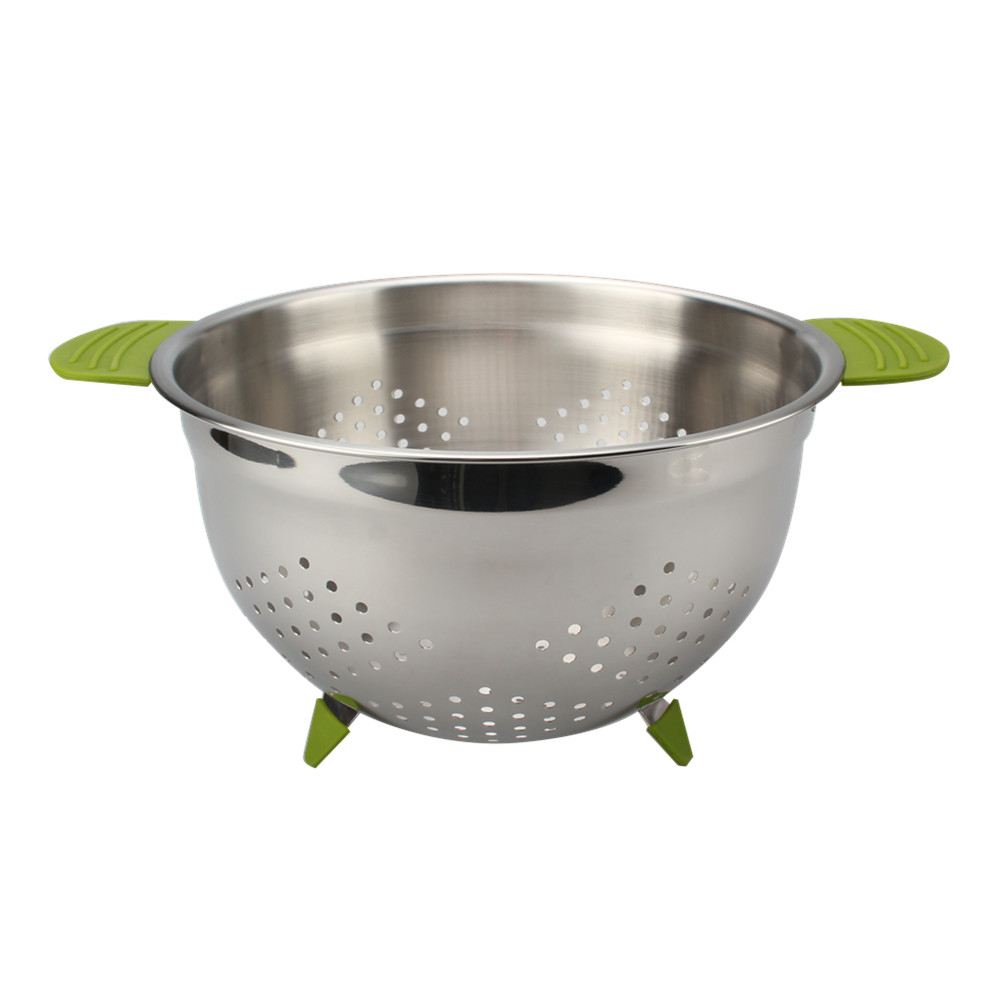 Stainless Steel Colander Metal Strainer Bowl Colander With Feet And Silicone Handle — product information