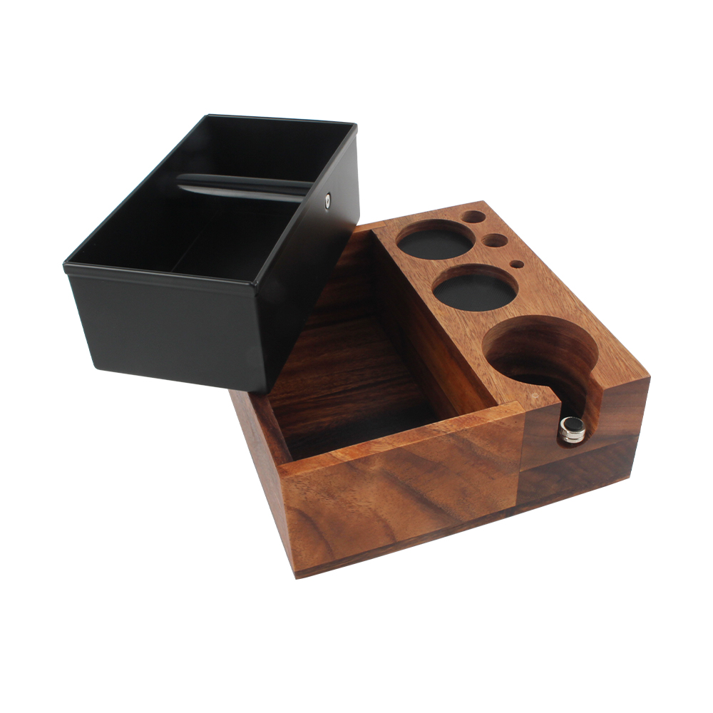 Large Espresso Knock Box And Tamping Station, Solid Wood Espresso Accessories Organizer Box — product information