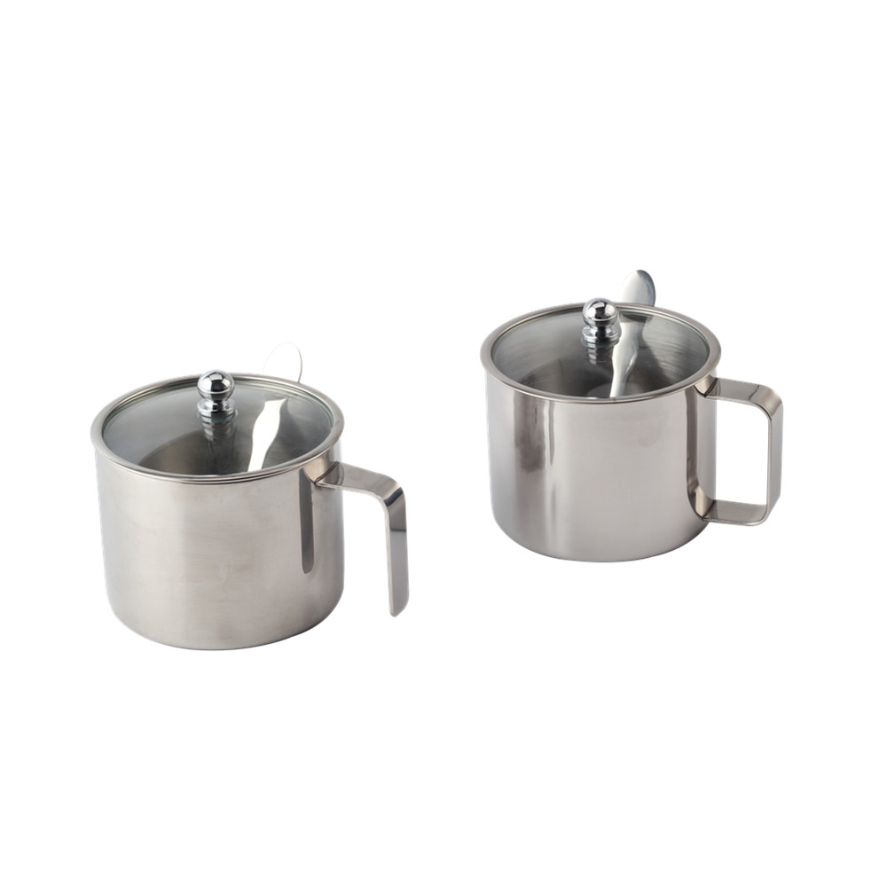 Stainless Steel Sugar Bowl Spice Pot Glass With Lid Spoon Kitchen Home — 2