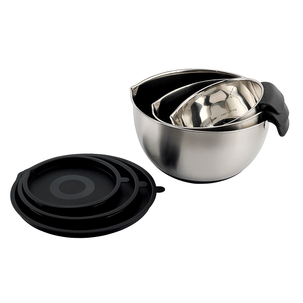 Stainless Steel Mixing Bowls With PE Lids, Non Slip Silicone Base Bowls With Handle — 4