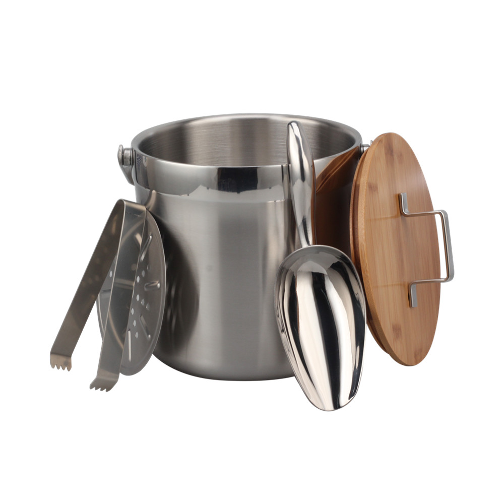 Bamboo Lid, Ice Bucket, Stainless Steel Ice Bucket, Double Walled — product information