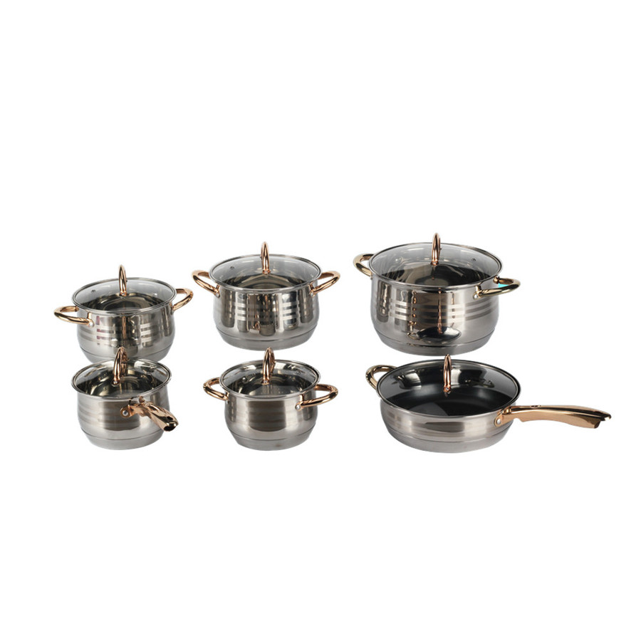 12pcs Stainless Steel Cookware Set Golden Handle