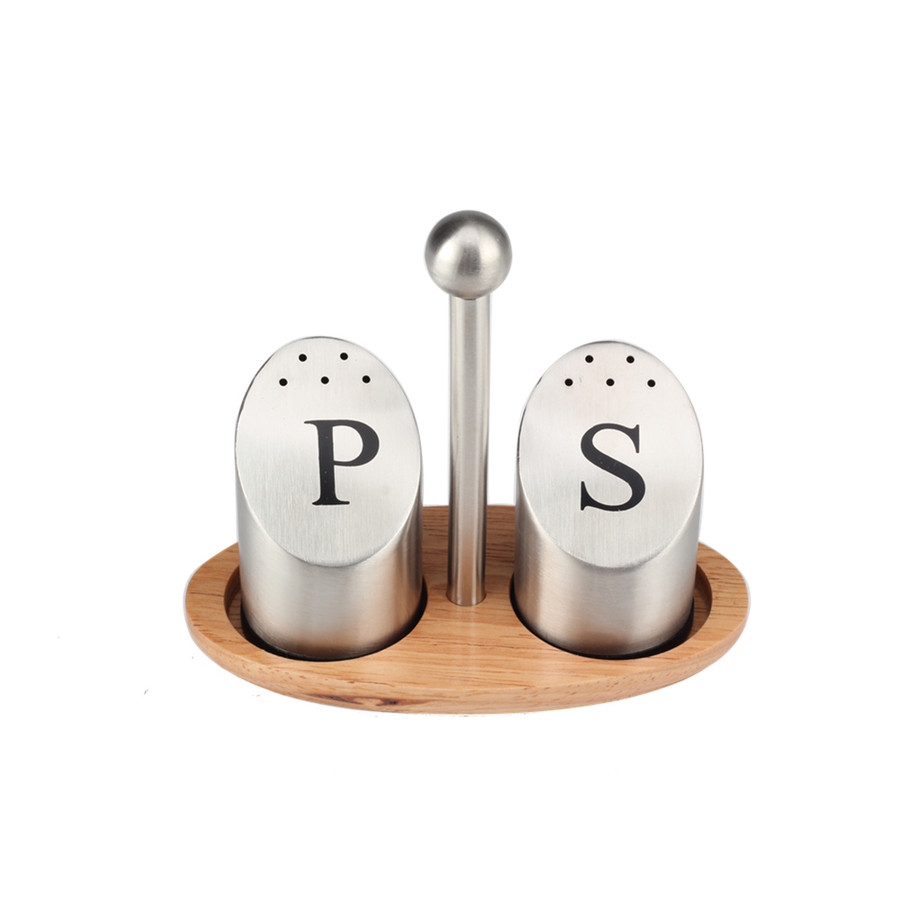 Stainless Steel Salt and Pepper Shakers Set of 2 with Wooden Stand for Home Kitchen Restaurant Table